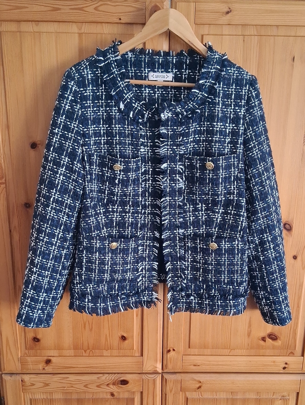 Nanette Lepore Plaid Navy White Metallic Thread Tweed Lady Jacket Size L